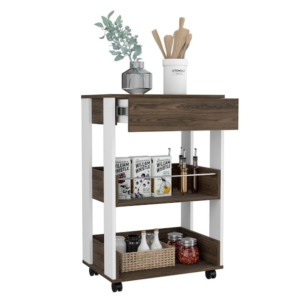 Tuhome Verona Kitchen Cart, Three Shelves, Four Casters, White/Dark Walnut MBC6768 - main